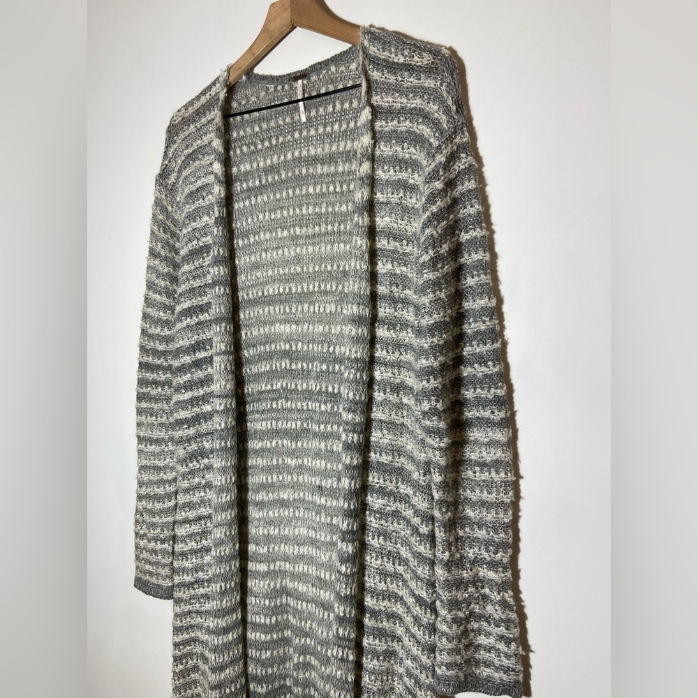 Free People Grey Smile Like You Mean It Stripe Knit L Cardigan Duster OB461298 - Picture 9 of 14